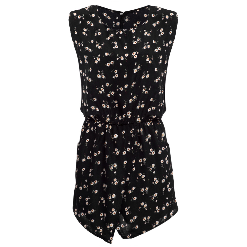 WOMEN SLEEVELESS HOLLOW OUT ELASTIC WAIST POCKET FLORAL PRINT ROMPER (BLACK, SIZE S/M/L/XL WOMEN SLEEVELESS HOLLOW OUT ELASTIC WAIST POCKET FLORAL PRINT ROMPER (BLACK, SIZE S/M/L/XL