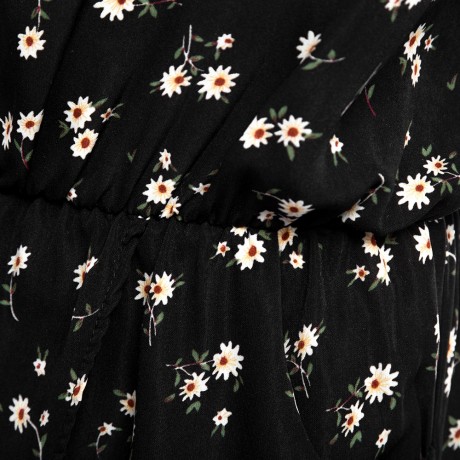 WOMEN SLEEVELESS HOLLOW OUT ELASTIC WAIST POCKET FLORAL PRINT ROMPER (BLACK, SIZE S/M/L/XL