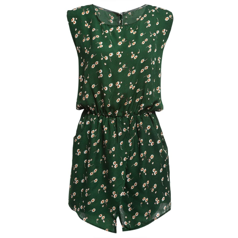 WOMEN SLEEVELESS HOLLOW OUT ELASTIC WAIST POCKET FLORAL PRINT ROMPER (GREEN, SIZE S/M/L/XL WOMEN SLEEVELESS HOLLOW OUT ELASTIC WAIST POCKET FLORAL PRINT ROMPER (GREEN, SIZE S/M/L/XL