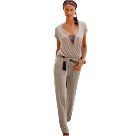 WOMEN'S ELASTIC WAIST POCKET STRAIGHT JUMPSUIT (SMOKY GRAY, SIZE S/M/L/XL)
