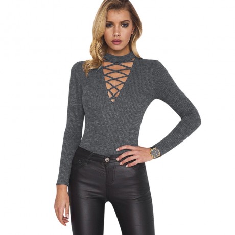 WOMEN'S SEXY HALTER CRISS-CROSS LONG SLEEVE KNITTED SHEATHY (GRAY, SIZE S/M/L/XL)