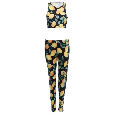 WOMEN'S 2PCS FASHION SLEEVELESS CROP TOP SHEATHY PANTS (YELLOW AND BLACK, SIZE S/M/L/XL)