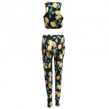 WOMEN'S 2PCS FASHION SLEEVELESS CROP TOP SHEATHY PANTS (YELLOW AND BLACK, SIZE S/M/L/XL)