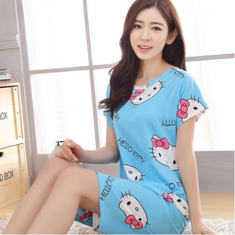 2PCS HELLO KITTY SHORT SLEEVE BLUE PYJAMAS (SIZE M/L/XL)