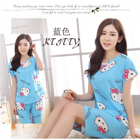 2PCS HELLO KITTY SHORT SLEEVE BLUE PYJAMAS (SIZE M/L/XL)