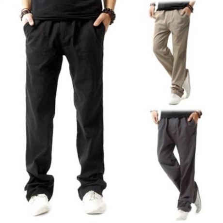 LINEN BREATHABLE STRAIGHT ELASTIC BAND MALE CAUSAL PANTS (BLACK)