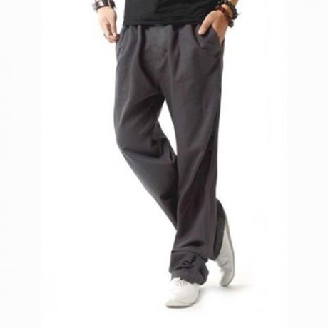 LINEN BREATHABLE STRAIGHT ELASTIC BAND MALE CAUSAL PANTS (BLACK)