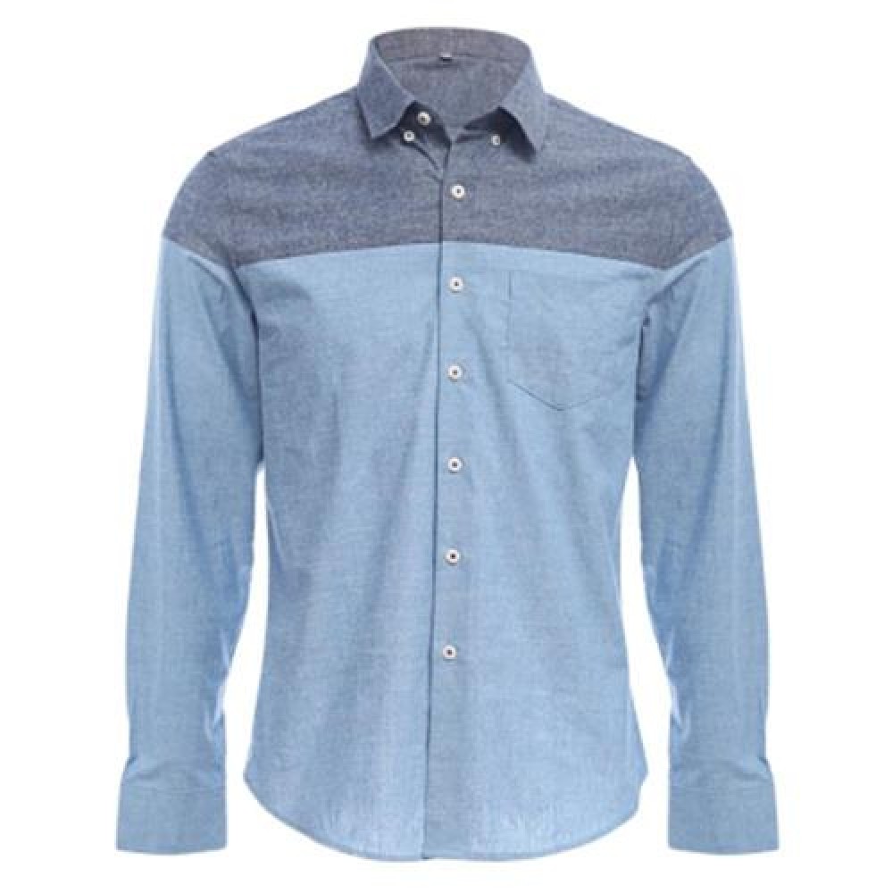 SLIM PATCHWORK BUTTON DESIGN MALE LONG SLEEVE CASUAL SHIRT (BLUE)