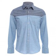 SLIM PATCHWORK BUTTON DESIGN MALE LONG SLEEVE CASUAL SHIRT (BLUE)