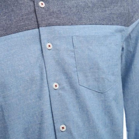 SLIM PATCHWORK BUTTON DESIGN MALE LONG SLEEVE CASUAL SHIRT (BLUE)