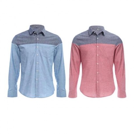 SLIM PATCHWORK BUTTON DESIGN MALE LONG SLEEVE CASUAL SHIRT (BLUE)