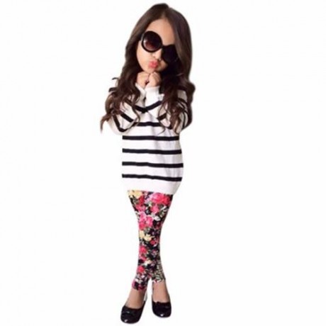2PCS GIRLS LONG SLEEVE ROUND COLLAR STRIPED TOPS PRINT TROUSERS (WHITE AND BLACK)