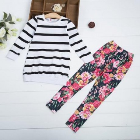 2PCS GIRLS LONG SLEEVE ROUND COLLAR STRIPED TOPS PRINT TROUSERS (WHITE AND BLACK)