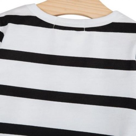 2PCS GIRLS LONG SLEEVE ROUND COLLAR STRIPED TOPS PRINT TROUSERS (WHITE AND BLACK)