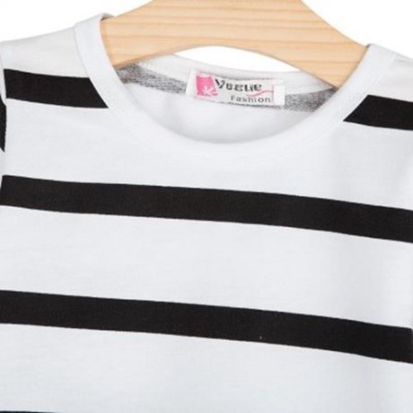 2PCS GIRLS LONG SLEEVE ROUND COLLAR STRIPED TOPS PRINT TROUSERS (WHITE AND BLACK)