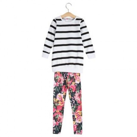 2PCS GIRLS LONG SLEEVE ROUND COLLAR STRIPED TOPS PRINT TROUSERS (WHITE AND BLACK)