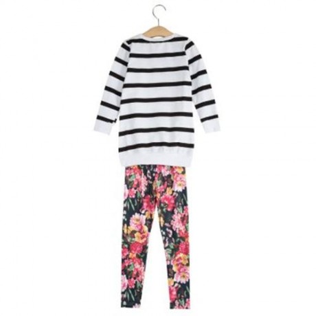 2PCS GIRLS LONG SLEEVE ROUND COLLAR STRIPED TOPS PRINT TROUSERS (WHITE AND BLACK)