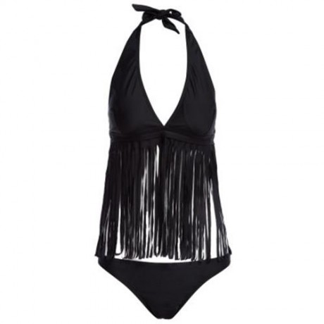 TWO-PIECE SEXY TASSEL BIKINI SET SWIMMING SUIT (BLACK)