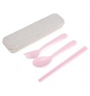 3PCS ENVIRONMENTALLY FRIENDLY WHEAT STRAW CHOPSTICKS SPOON FORK STORAGE SET PORTABLE FOR T