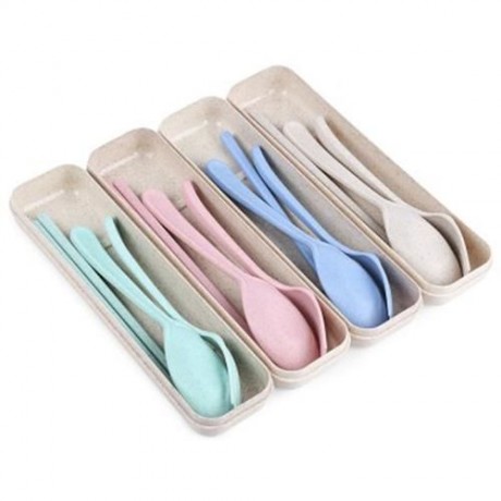 3PCS ENVIRONMENTALLY FRIENDLY WHEAT STRAW CHOPSTICKS SPOON FORK STORAGE SET PORTABLE FOR T