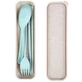 3PCS ENVIRONMENTALLY FRIENDLY WHEAT STRAW CHOPSTICKS SPOON FORK STORAGE SET PORTABLE FOR T