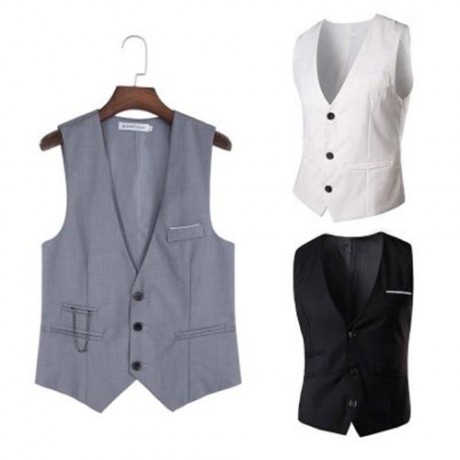 RETRO PURE COLOR V NECK POCKET DECORATION SUIT VEST FOR MALE (GRAY)