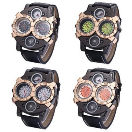 JUBAOLI MALE DUAL MOVT QUARTZ WATCH DECORATIVE COMPASS CREATIVE DOUBLE DIAL WRISTWATCH (BL