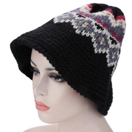 VINTAGE JACQUARD PATTERN COLOR MIXING KNITTED HAT FOR LADIES (BLACK)