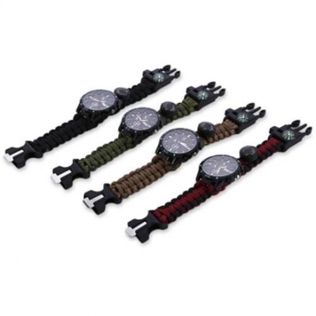 EMAK OUTDOOR SURVIVAL WATCH BRACELET WITH COMPASS FLINT FIRE STARTER PARACORD THERMOMETER 