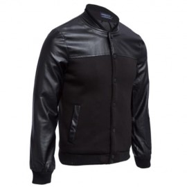 STYLISH PATCHWORK DESIGN SLIM FIT STAND COLLAR JACKET FOR MALE (BLACK)