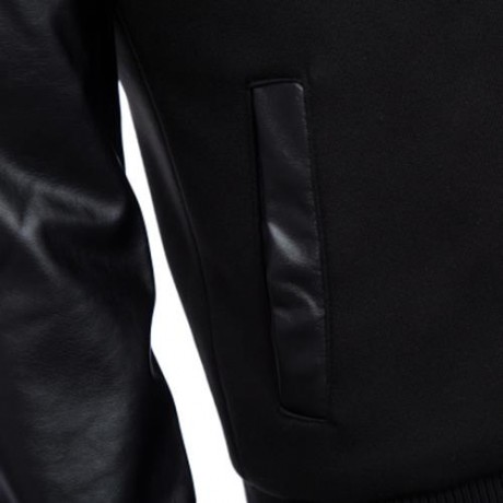 STYLISH PATCHWORK DESIGN SLIM FIT STAND COLLAR JACKET FOR MALE (BLACK)