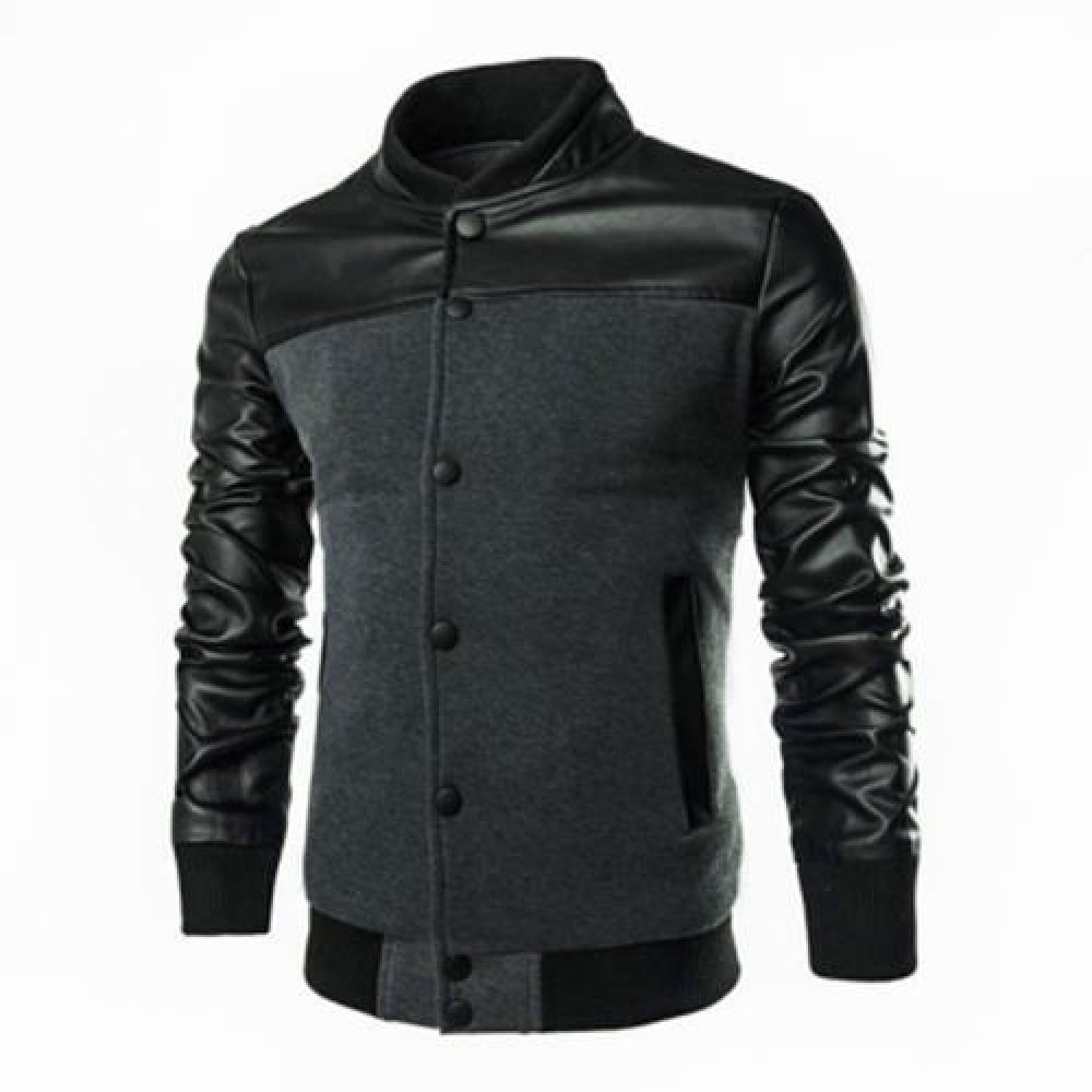 STYLISH PATCHWORK DESIGN SLIM FIT STAND COLLAR JACKET FOR MALE (GRAY)