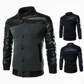 STYLISH PATCHWORK DESIGN SLIM FIT STAND COLLAR JACKET FOR MALE (GRAY)