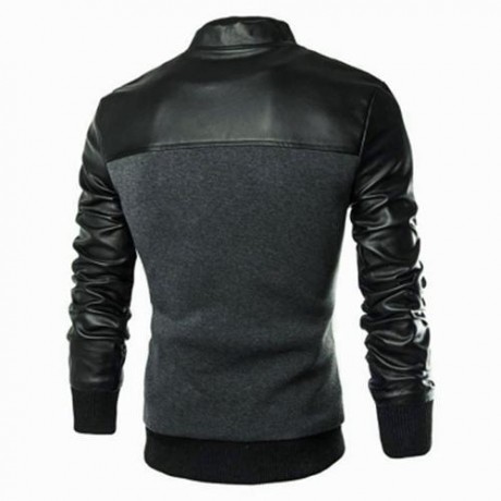 STYLISH PATCHWORK DESIGN SLIM FIT STAND COLLAR JACKET FOR MALE (GRAY)