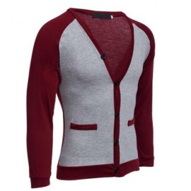 CASUAL PATCHWORK V NECK MALE LONG SLEEVE SHIRT (WINE RED)
