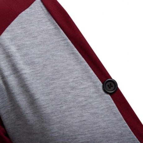 CASUAL PATCHWORK V NECK MALE LONG SLEEVE SHIRT (WINE RED)