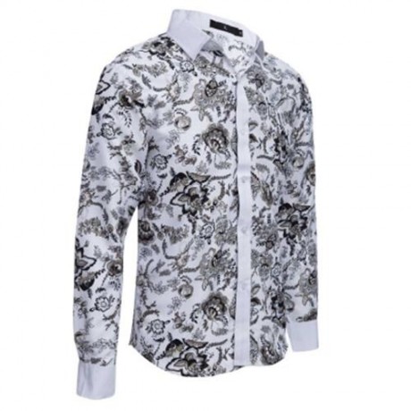 SLIM FIT FLORAL PRINTED LONG SLEEVE CASUAL SHIRT FOR MALE (WHITE)