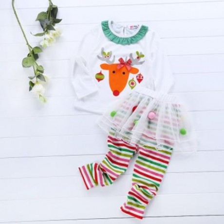 2PCS CUTE GIRLS ELK PRINTED T-SHIRT STRIPED TROUSERS FOR PARTY (WHITE)
