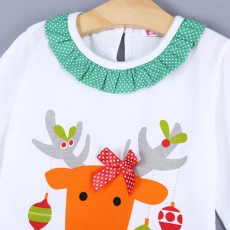 2PCS CUTE GIRLS ELK PRINTED T-SHIRT STRIPED TROUSERS FOR PARTY (WHITE)