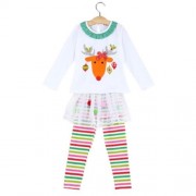 2PCS CUTE GIRLS ELK PRINTED T-SHIRT STRIPED TROUSERS FOR PARTY (WHITE)