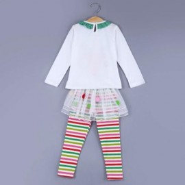 2PCS CUTE GIRLS ELK PRINTED T-SHIRT STRIPED TROUSERS FOR PARTY (WHITE)