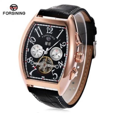 FORSINING F201672801 MEN AUTO MECHANICAL WATCH TOURBILLON CALENDAR GENUINE LEATHER BAND WR