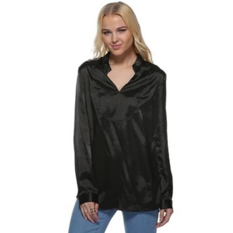 SIMPLE STYLE V-NECK LONG SLEEVE BLACK BLOUSE FOR WOMEN (BLACK)