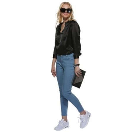 SIMPLE STYLE V-NECK LONG SLEEVE BLACK BLOUSE FOR WOMEN (BLACK)