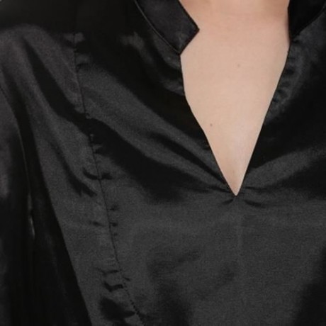 SIMPLE STYLE V-NECK LONG SLEEVE BLACK BLOUSE FOR WOMEN (BLACK)
