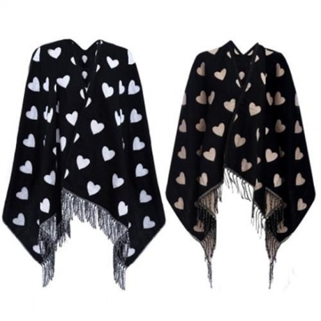 OVERSIZE HEART PRINTED TASSEL DECORATION LADIES PASHMINA (WHITE AND BLACK)