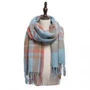 OVERSIZE GRID PRINTED PASHMINA LADIES TASSEL SCARF (LAKE BLUE)