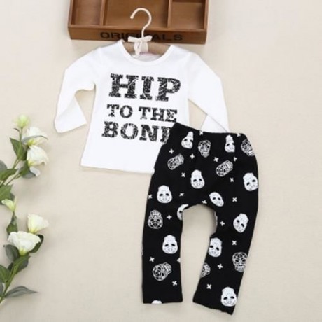 BABY SOFT 2PCS COTTON BLEND ROUND COLLAR LONG SLEEVE PULLOVER LETTER PRINT T-SHIRT DEATH H