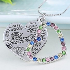 LADY ROMANTIC LOVE HEART SHAPE COLORFUL FAUX DIAMOND LETTER EMBELLISHMENT PLATINUM PLATED 