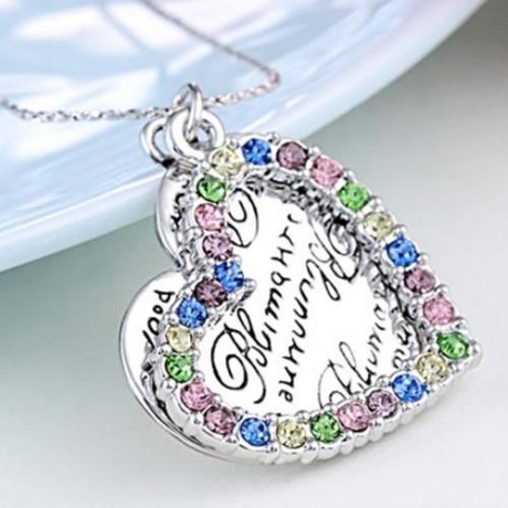 LADY ROMANTIC LOVE HEART SHAPE COLORFUL FAUX DIAMOND LETTER EMBELLISHMENT PLATINUM PLATED 